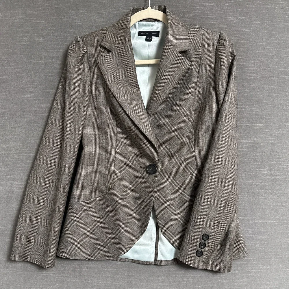 Vintage Banana Republic Blazer 4 Brown Plaid Wool Preppy Academia Career 90s y2k